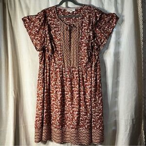 Nurture Dress Women's Short Flutter Sleeves  Rust Orange Tan Tie Neck Lined 2X